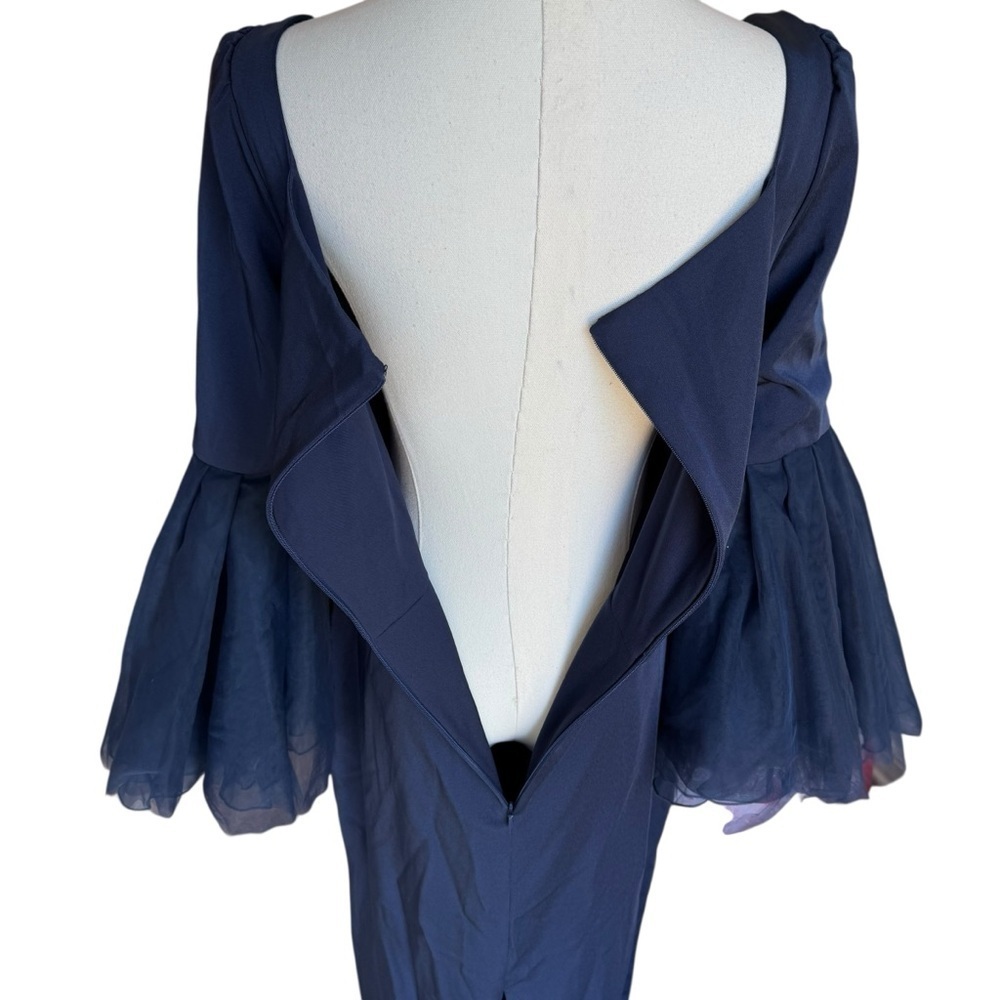 Leena for Mac Duggal - Navy Flounce Sleeve Square Neck Column Gown Sz 6 - Picture 9 of 13